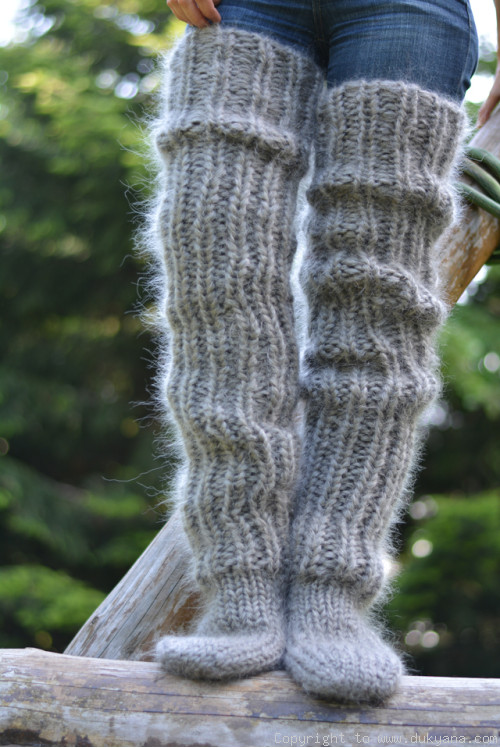 Huge mohair socks hand knitted chunky and warm leggings in gray
