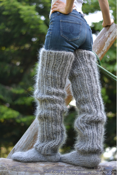 Huge mohair socks hand knitted chunky and warm leggings in gray