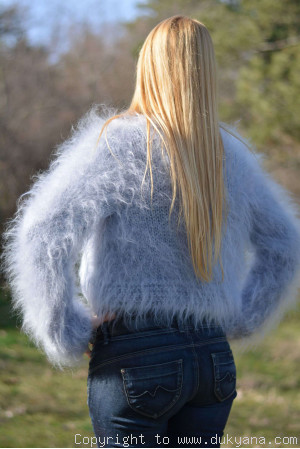 Hand knitted soft and silky mohair bolero in pale blue