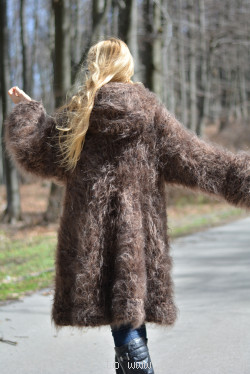 Hand knitted chunky and fuzzy hooded mohair coat