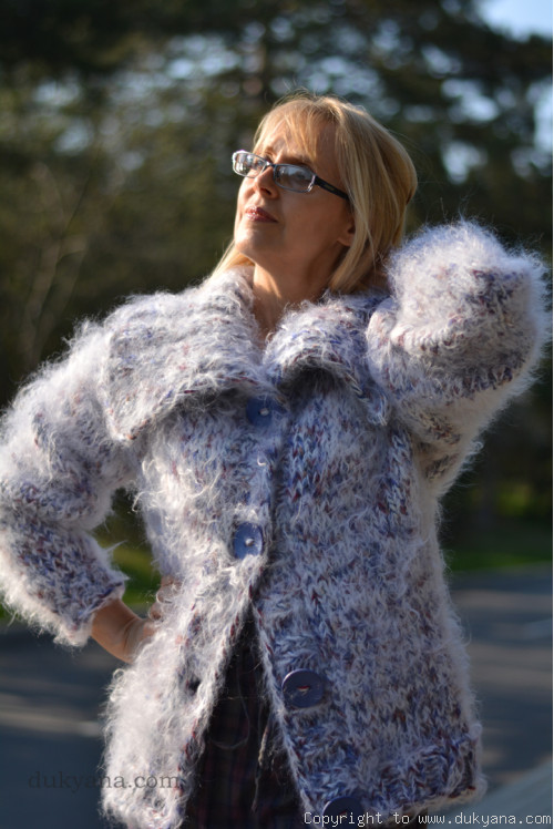 Mohair and wool mix chunky cardigan with collar in white