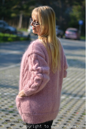 Classic mohair cardigan with cables in pink