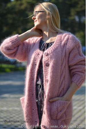 Classic mohair cardigan with cables in pink
