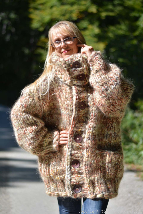 Super chunky handknit collared cardigan in autumn shades