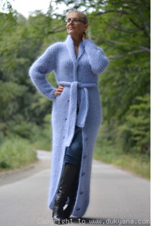 Shawl collared long ribbed mohair cardigan hand knitted in light blue