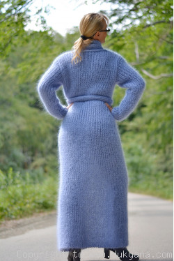 Shawl collared long ribbed mohair cardigan hand knitted in light blue