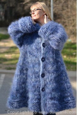 Hand knitted chunky and fuzzy hooded mohair coat