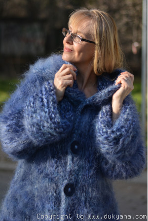 Hand knitted chunky and fuzzy hooded mohair coat