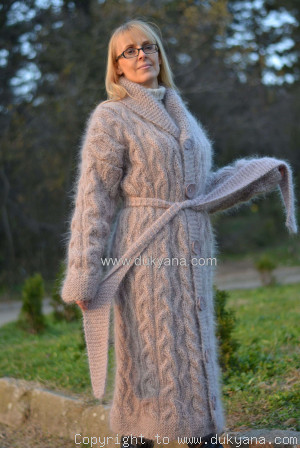 Long cable mohair cardigan with a shawl collar 