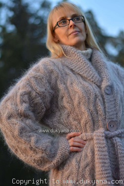 Long cable mohair cardigan with a shawl collar 