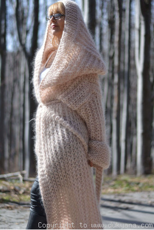 Hooded slouchy mohair shrug hand knitted in powder beige