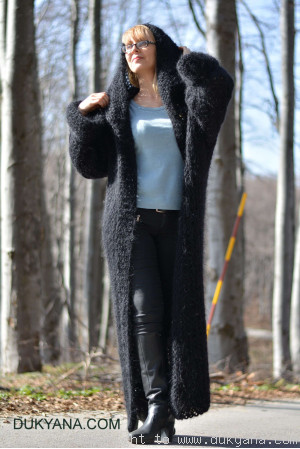 Hooded slouchy mohair shrug hand knitted in black
