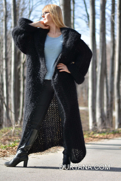 Hooded slouchy mohair shrug hand knitted in black