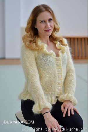 Ruffled cropped mohair cardigan in ivory
