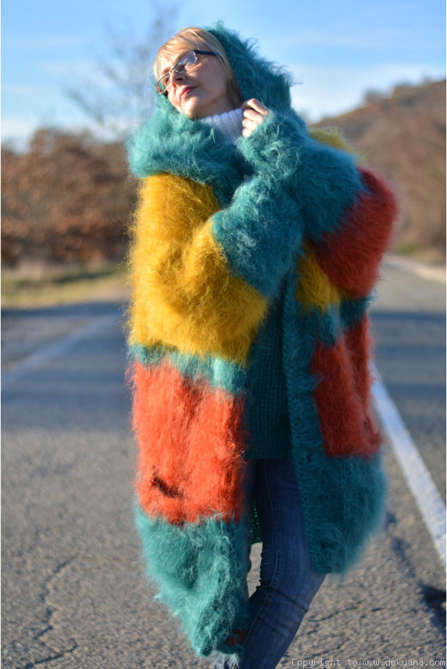 Vintage colorful green fluffy mohair wool knitted winter scarf
