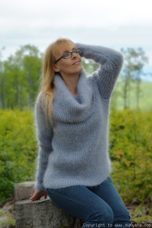 Fuzzy cowlneck mohair sweater in periwinkle blue