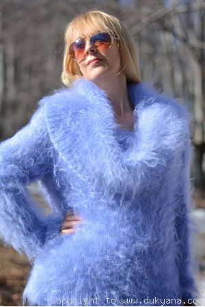Fuzzy and soft cowlneck off-shoulder mohair sweater in blue