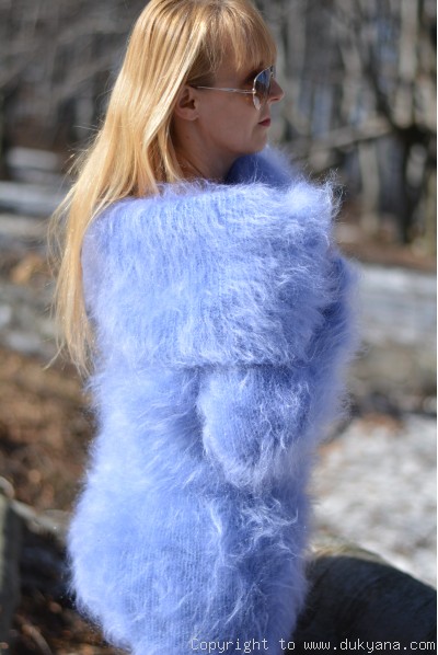 Fuzzy and soft cowlneck off-shoulder mohair sweater in blue