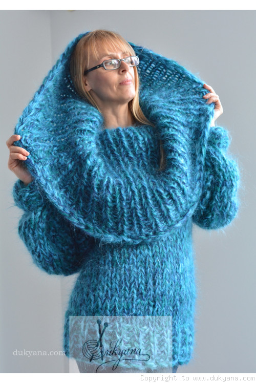 Chunky hand knitted huge cowlneck mohair sweater in turquoise mix