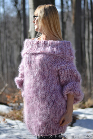 Chunky hand knitted cowlneck mohair sweater in pink