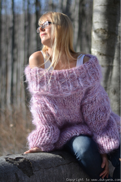 Chunky hand knitted cowlneck mohair sweater in pink