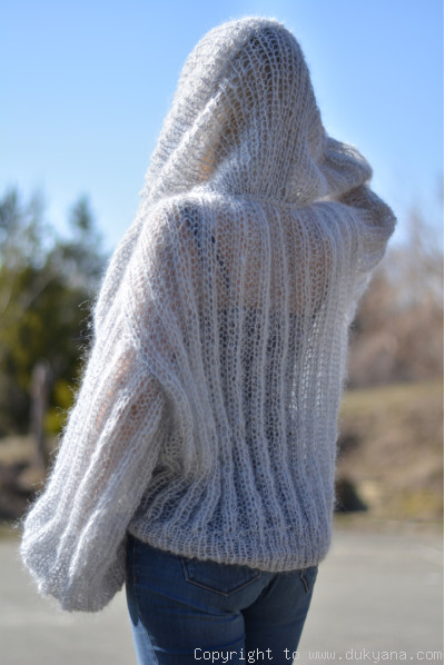 Airy mohair sweater with huge cowlneck collar in gray