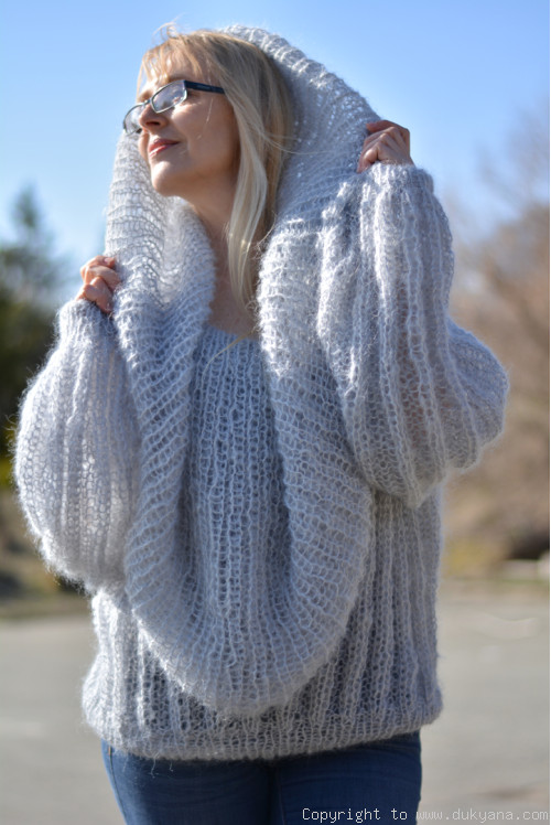 Airy mohair sweater with huge cowlneck collar in gray