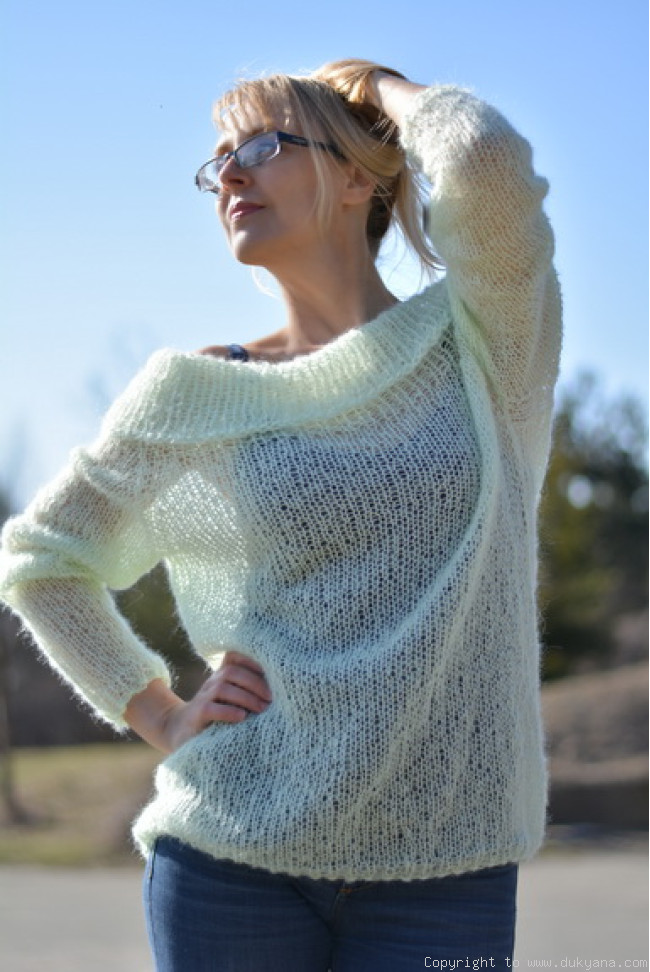 Airy jumper off-shoulder mohair sweater hand knitted to custom 