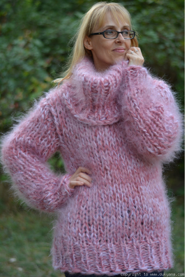Mohair sweater chunky hand knitted cowlneck jumper in pink/CL8