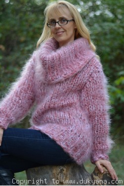 Chunky hand knitted cowlneck mohair sweater in pink