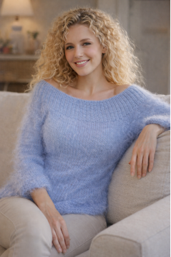 Off-shoulder summer mohair sweater in pale blue