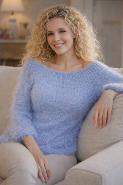 Off-shoulder summer mohair sweater in pale blue
