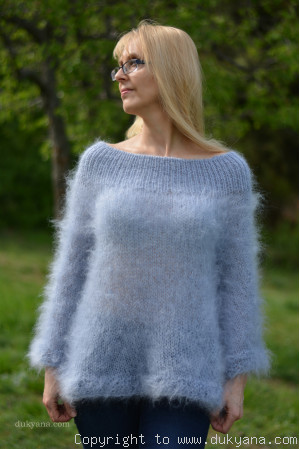Off-shoulder summer mohair sweater in pale blue