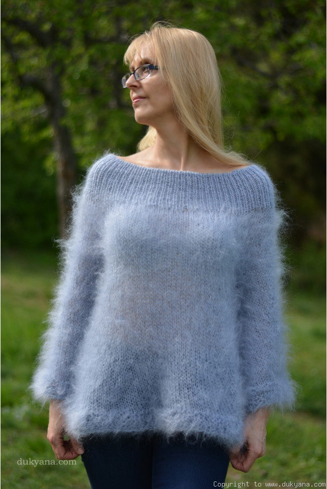 Off-shoulder cropped summer mohair sweater in pale blue/CR27