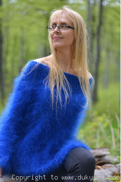 Off-shoulder summer mohair sweater in royal blue