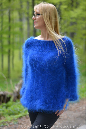 Off-shoulder summer mohair sweater in royal blue