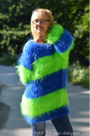 Oversized striped mohair sweater loosely knitted in royal blue and green