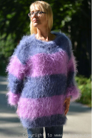 Oversized striped mohair sweater loosely knitted in denim and violet