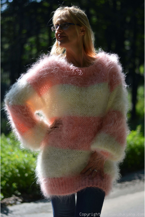 Oversized striped mohair sweater loosely knitted in cream and peach