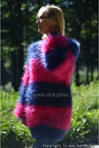 Oversized striped mohair sweater loosely knitted in navy and fuchsia