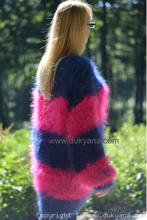 Oversized striped mohair sweater loosely knitted in navy and fuchsia