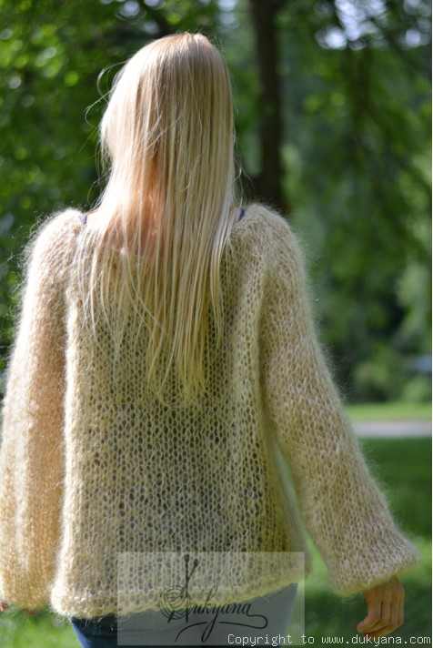 Handknit Boho balloon sleeve summer mesh sweater in camel beige/CR44