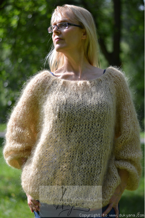 Boho balloon sleeve summer mesh sweater in camel beige