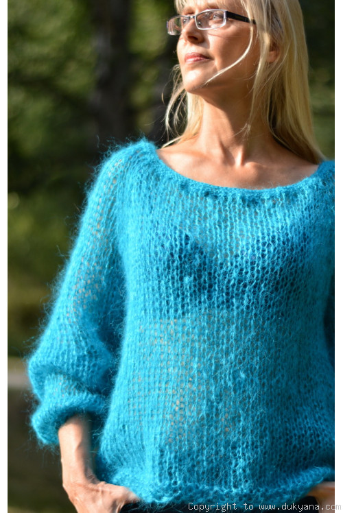 Bare shoulder summer mohair sweater in turquoise blue