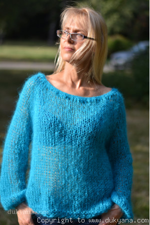 Bare shoulder summer mohair sweater in turquoise blue