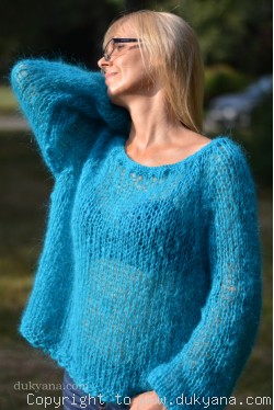 Bare shoulder summer mohair sweater in turquoise blue