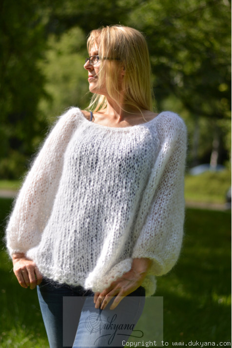 Handknit Boho balloon sleeve summer mesh sweater in pure white/CR52