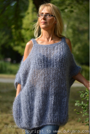 Balloon summer mohair sweater with straps in denim 