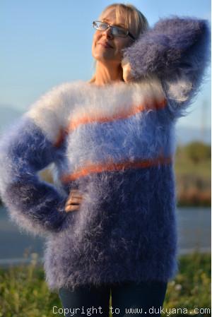 Fluffy multi-stripe mohair sweater in blue shades