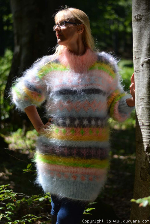 Multi-color fuzzy mohair mock tneck sweaterdress in mint